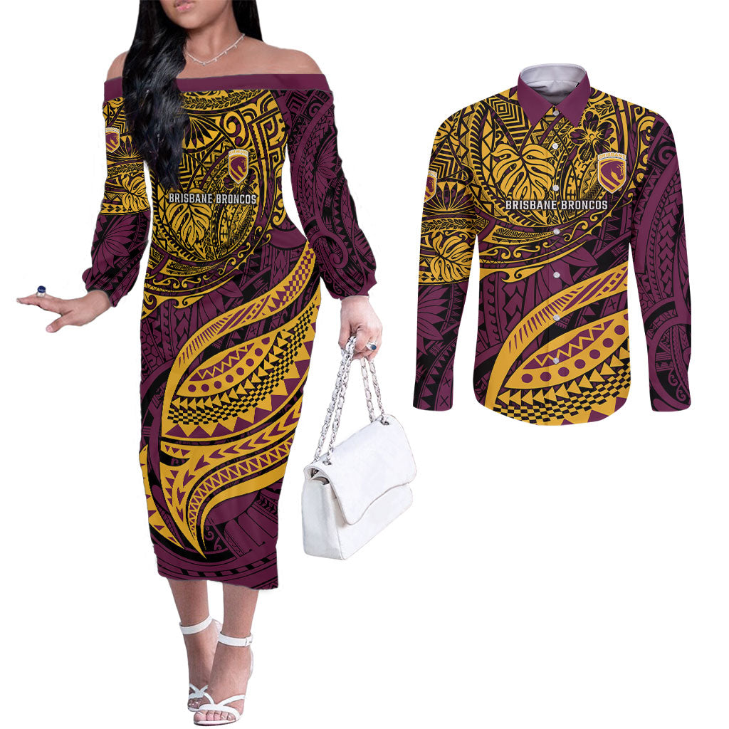 Personalised Brisbane Broncos Couples Matching Off The Shoulder Long Sleeve Dress and Long Sleeve Button Shirt Polynesian Tribal Art Style With Hammerhead Mascot