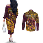 Personalised Brisbane Broncos Couples Matching Off The Shoulder Long Sleeve Dress and Long Sleeve Button Shirt Polynesian Tribal Art Style With Hammerhead Mascot