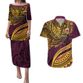 Personalised Brisbane Broncos Couples Matching Puletasi and Hawaiian Shirt Polynesian Tribal Art Style With Hammerhead Mascot