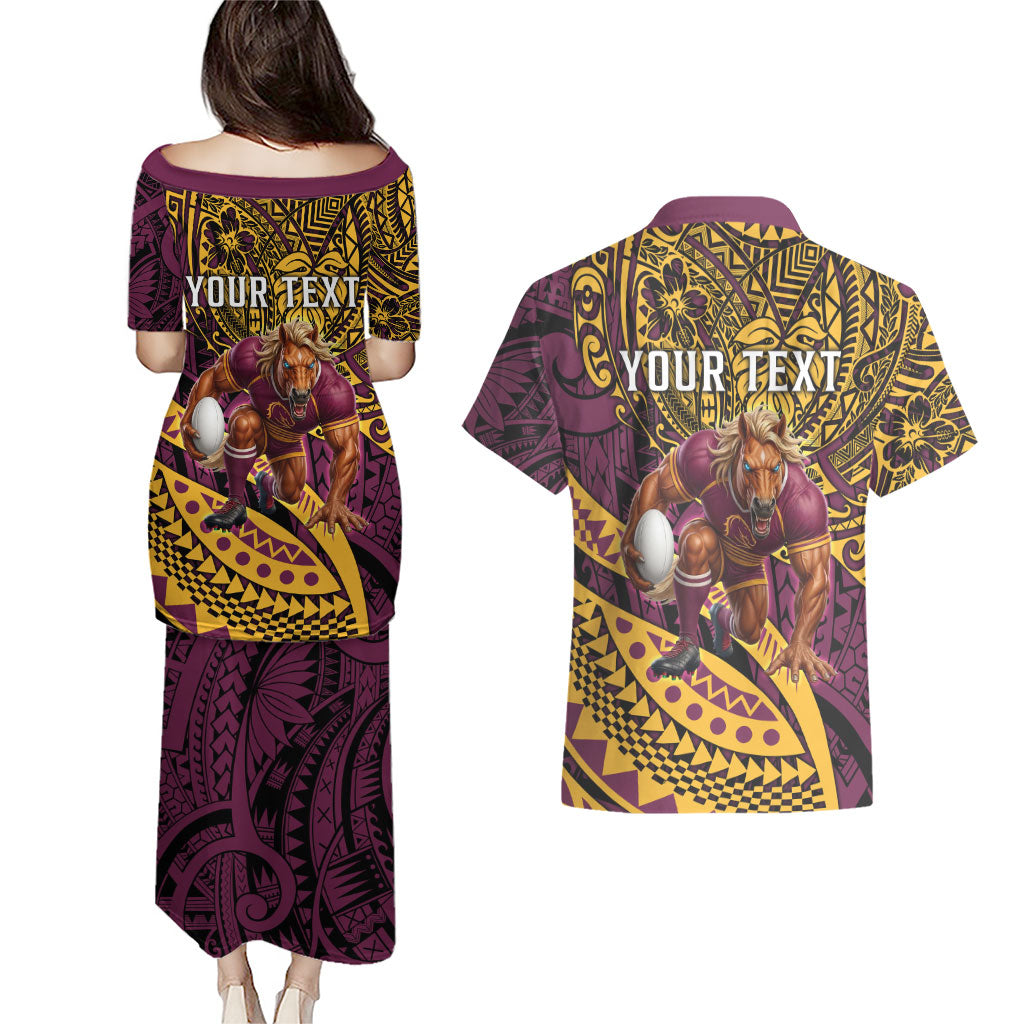 Personalised Brisbane Broncos Couples Matching Puletasi and Hawaiian Shirt Polynesian Tribal Art Style With Hammerhead Mascot