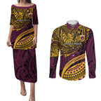 Personalised Brisbane Broncos Couples Matching Puletasi and Long Sleeve Button Shirt Polynesian Tribal Art Style With Hammerhead Mascot