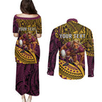 Personalised Brisbane Broncos Couples Matching Puletasi and Long Sleeve Button Shirt Polynesian Tribal Art Style With Hammerhead Mascot