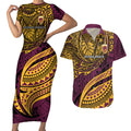 Personalised Brisbane Broncos Couples Matching Short Sleeve Bodycon Dress and Hawaiian Shirt Polynesian Tribal Art Style With Hammerhead Mascot