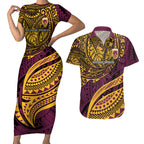 Personalised Brisbane Broncos Couples Matching Short Sleeve Bodycon Dress and Hawaiian Shirt Polynesian Tribal Art Style With Hammerhead Mascot