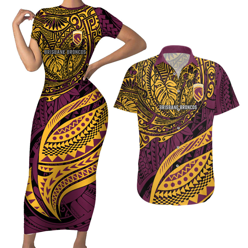 Personalised Brisbane Broncos Couples Matching Short Sleeve Bodycon Dress and Hawaiian Shirt Polynesian Tribal Art Style With Hammerhead Mascot
