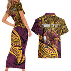 Personalised Brisbane Broncos Couples Matching Short Sleeve Bodycon Dress and Hawaiian Shirt Polynesian Tribal Art Style With Hammerhead Mascot