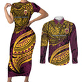 Personalised Brisbane Broncos Couples Matching Short Sleeve Bodycon Dress and Long Sleeve Button Shirt Polynesian Tribal Art Style With Hammerhead Mascot