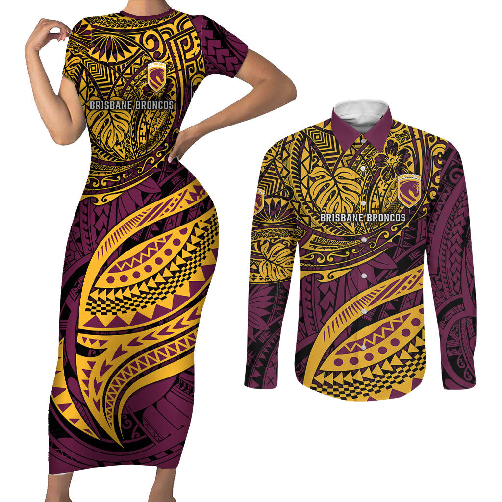 Personalised Brisbane Broncos Couples Matching Short Sleeve Bodycon Dress and Long Sleeve Button Shirt Polynesian Tribal Art Style With Hammerhead Mascot