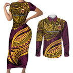 Personalised Brisbane Broncos Couples Matching Short Sleeve Bodycon Dress and Long Sleeve Button Shirt Polynesian Tribal Art Style With Hammerhead Mascot