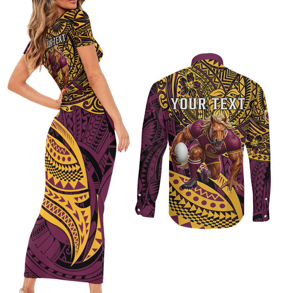 Personalised Brisbane Broncos Couples Matching Short Sleeve Bodycon Dress and Long Sleeve Button Shirt Polynesian Tribal Art Style With Hammerhead Mascot