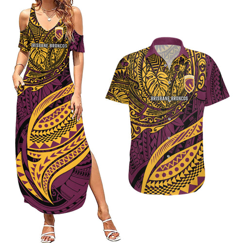 Personalised Brisbane Broncos Couples Matching Summer Maxi Dress and Hawaiian Shirt Polynesian Tribal Art Style With Hammerhead Mascot