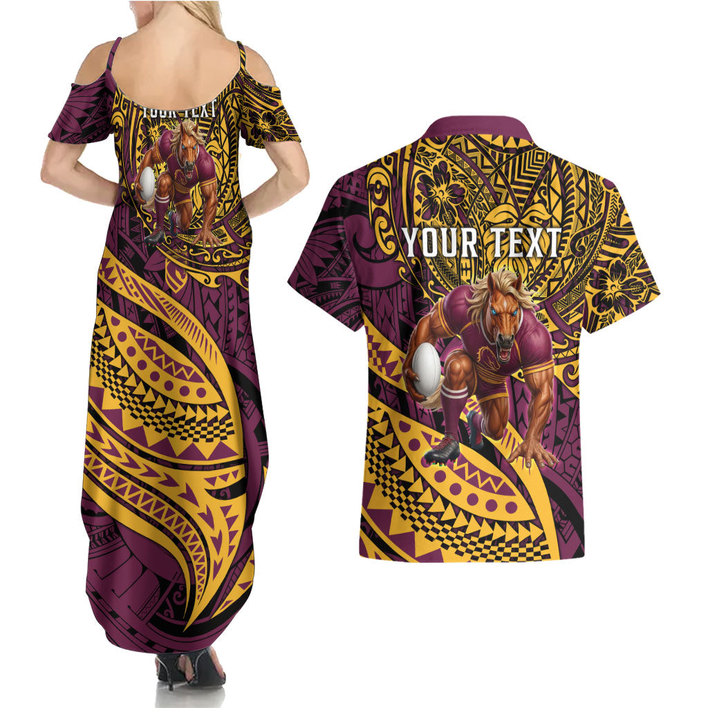 Personalised Brisbane Broncos Couples Matching Summer Maxi Dress and Hawaiian Shirt Polynesian Tribal Art Style With Hammerhead Mascot