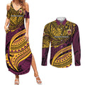 Personalised Brisbane Broncos Couples Matching Summer Maxi Dress and Long Sleeve Button Shirt Polynesian Tribal Art Style With Hammerhead Mascot