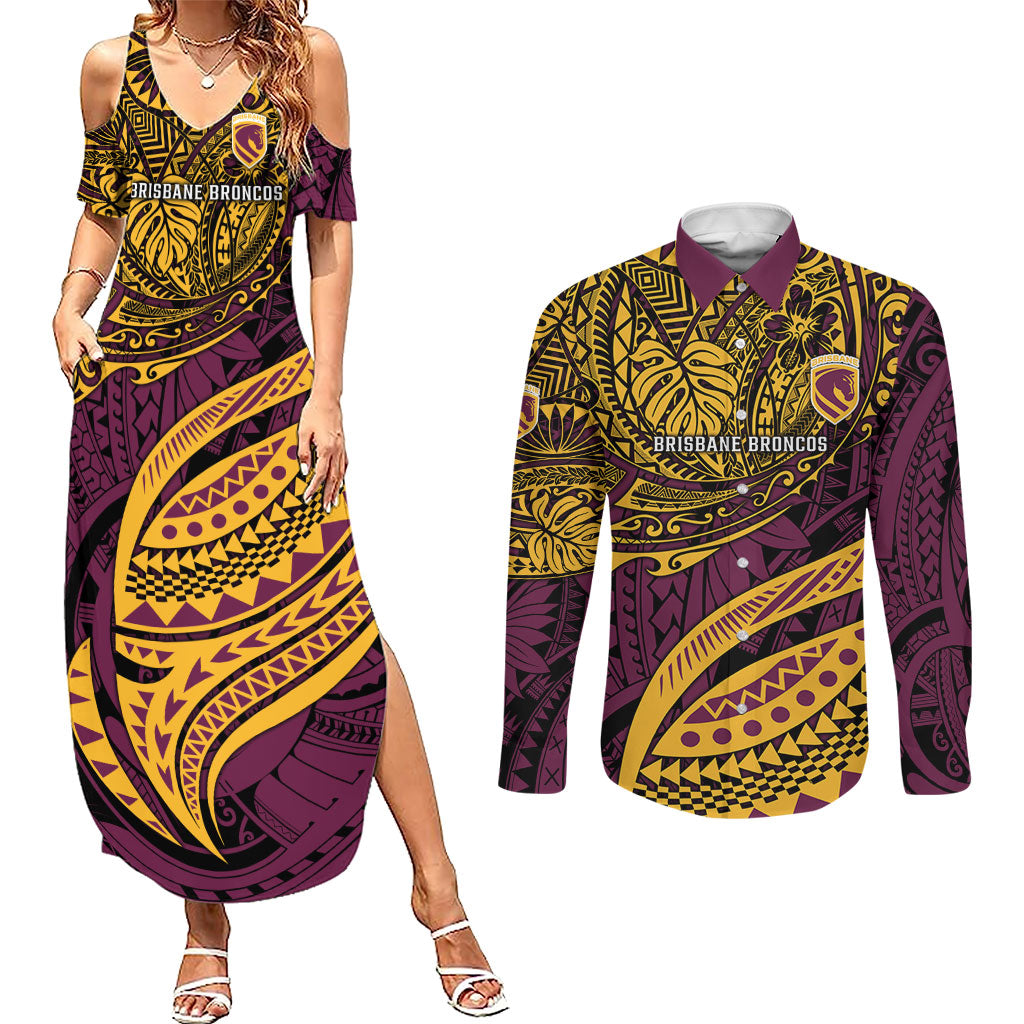 Personalised Brisbane Broncos Couples Matching Summer Maxi Dress and Long Sleeve Button Shirt Polynesian Tribal Art Style With Hammerhead Mascot