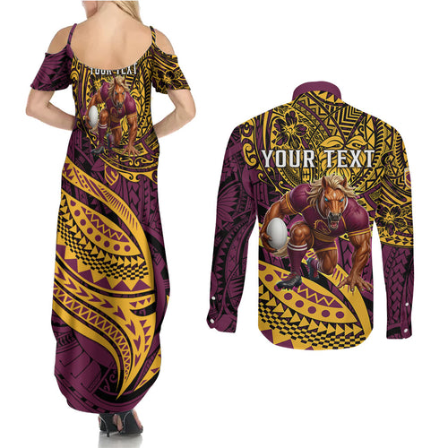 Personalised Brisbane Broncos Couples Matching Summer Maxi Dress and Long Sleeve Button Shirt Polynesian Tribal Art Style With Hammerhead Mascot