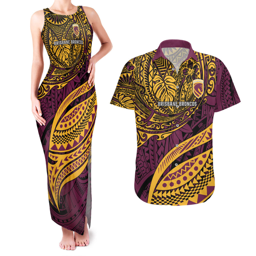 Personalised Brisbane Broncos Couples Matching Tank Maxi Dress and Hawaiian Shirt Polynesian Tribal Art Style With Hammerhead Mascot