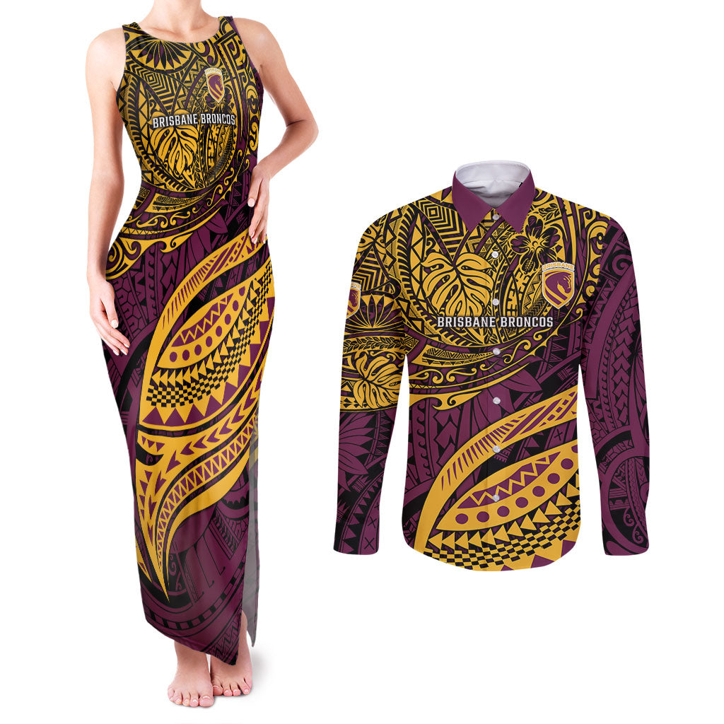 Personalised Brisbane Broncos Couples Matching Tank Maxi Dress and Long Sleeve Button Shirt Polynesian Tribal Art Style With Hammerhead Mascot