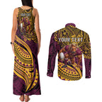 Personalised Brisbane Broncos Couples Matching Tank Maxi Dress and Long Sleeve Button Shirt Polynesian Tribal Art Style With Hammerhead Mascot