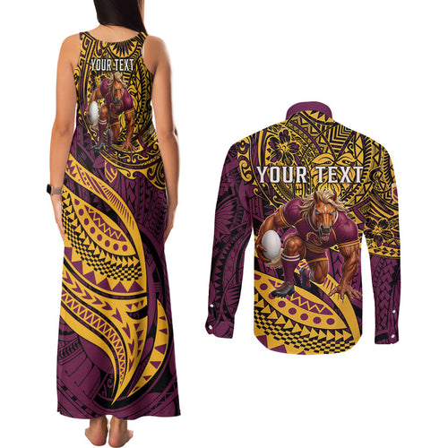 Personalised Brisbane Broncos Couples Matching Tank Maxi Dress and Long Sleeve Button Shirt Polynesian Tribal Art Style With Hammerhead Mascot