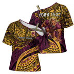Personalised Brisbane Broncos Cross Shoulder Shirt Polynesian Tribal Art Style With Hammerhead Mascot