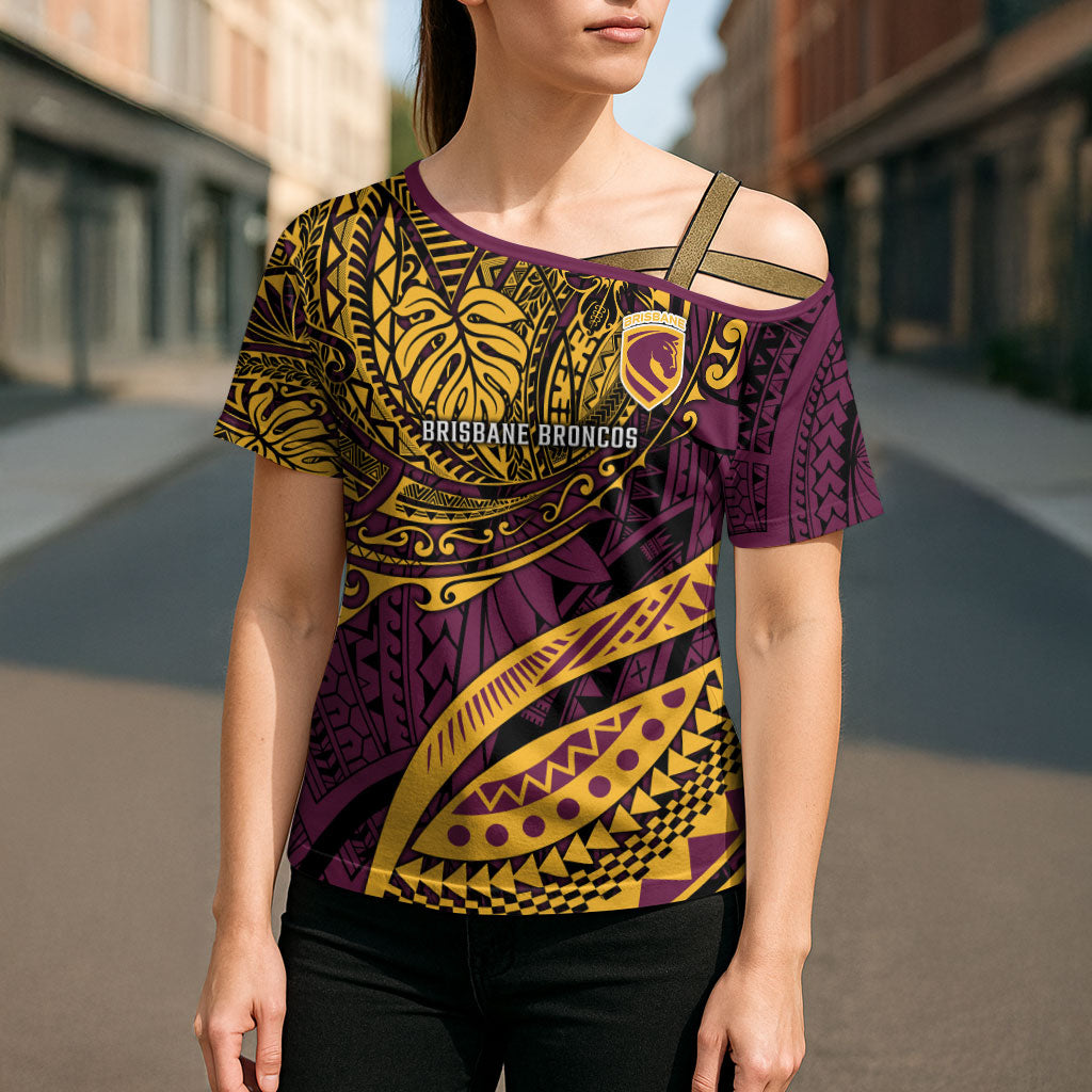 Personalised Brisbane Broncos Cross Shoulder Shirt Polynesian Tribal Art Style With Hammerhead Mascot