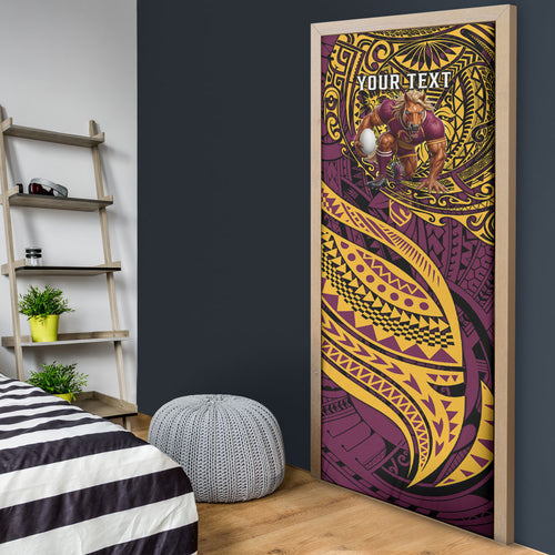 Personalised Brisbane Broncos Door Cover Polynesian Tribal Art Style With Hammerhead Mascot
