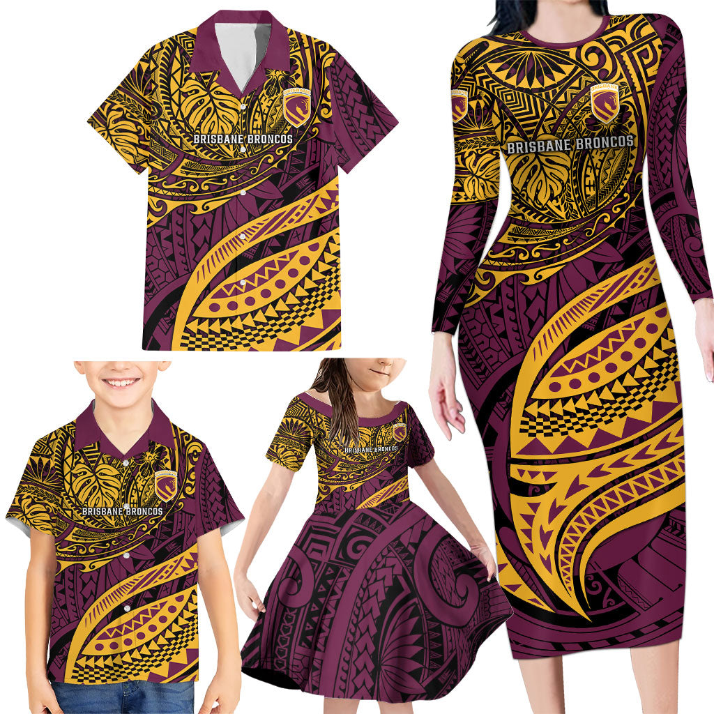 Personalised Brisbane Broncos Family Matching Long Sleeve Bodycon Dress and Hawaiian Shirt Polynesian Tribal Art Style With Hammerhead Mascot