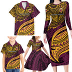 Personalised Brisbane Broncos Family Matching Long Sleeve Bodycon Dress and Hawaiian Shirt Polynesian Tribal Art Style With Hammerhead Mascot