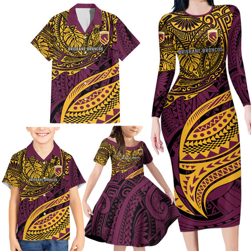Personalised Brisbane Broncos Family Matching Long Sleeve Bodycon Dress and Hawaiian Shirt Polynesian Tribal Art Style With Hammerhead Mascot
