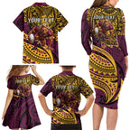 Personalised Brisbane Broncos Family Matching Long Sleeve Bodycon Dress and Hawaiian Shirt Polynesian Tribal Art Style With Hammerhead Mascot
