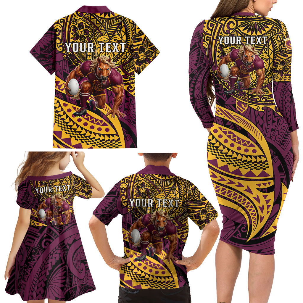 Personalised Brisbane Broncos Family Matching Long Sleeve Bodycon Dress and Hawaiian Shirt Polynesian Tribal Art Style With Hammerhead Mascot