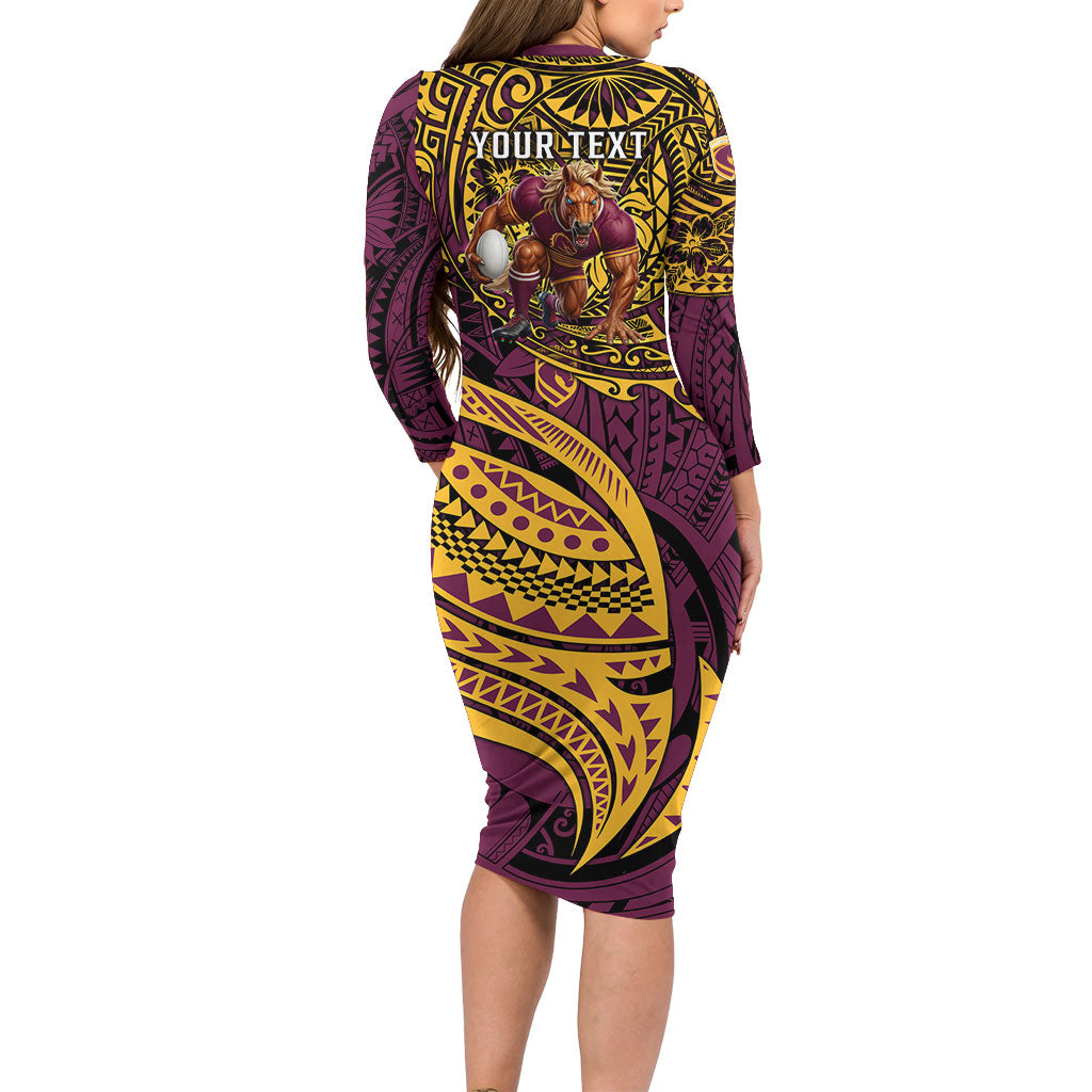 Personalised Brisbane Broncos Family Matching Long Sleeve Bodycon Dress and Hawaiian Shirt Polynesian Tribal Art Style With Hammerhead Mascot