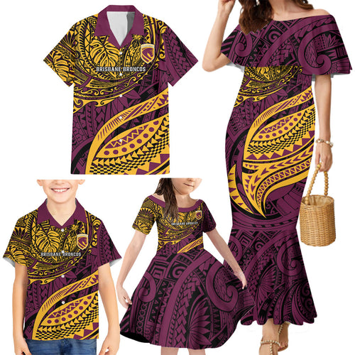 Personalised Brisbane Broncos Family Matching Mermaid Dress and Hawaiian Shirt Polynesian Tribal Art Style With Hammerhead Mascot