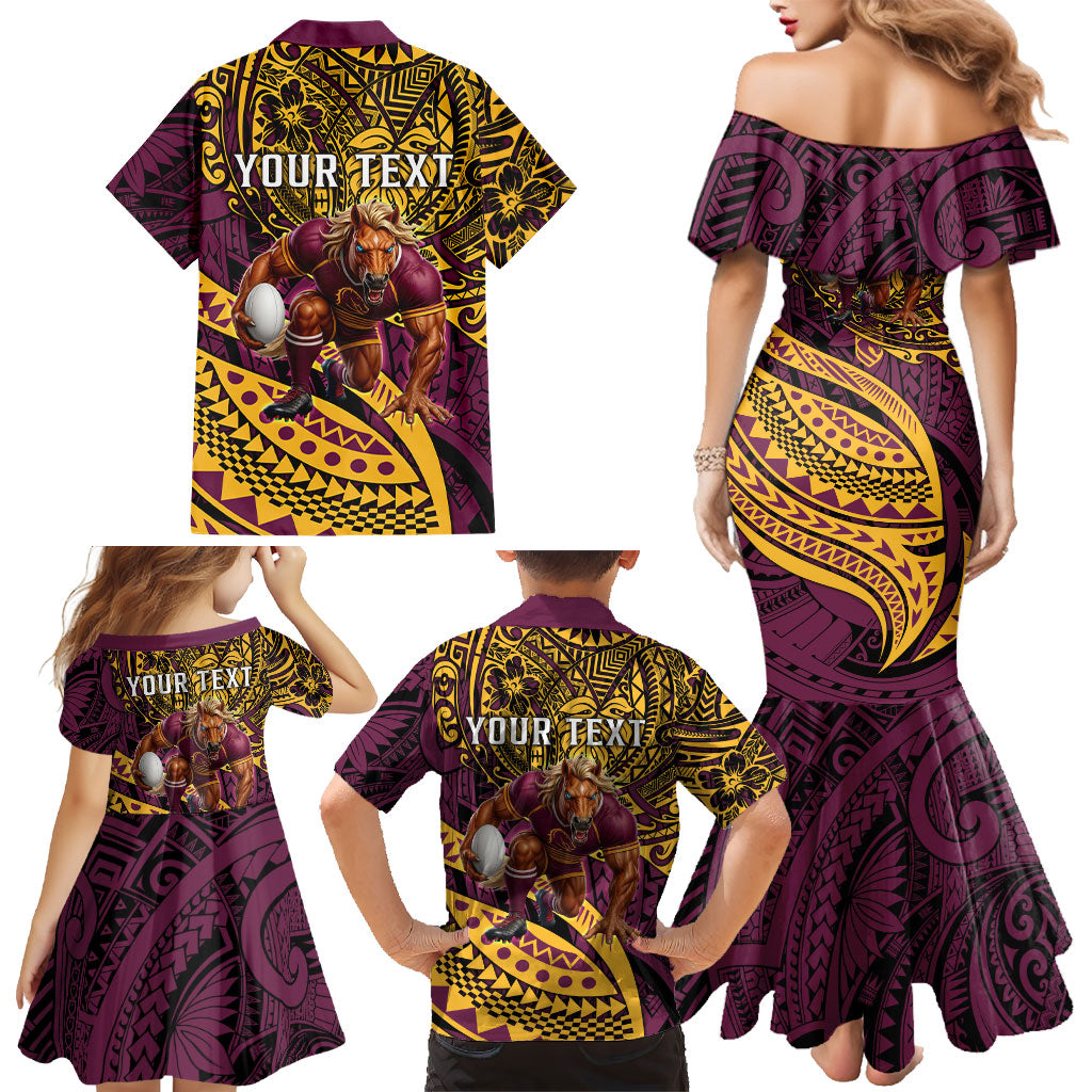 Personalised Brisbane Broncos Family Matching Mermaid Dress and Hawaiian Shirt Polynesian Tribal Art Style With Hammerhead Mascot