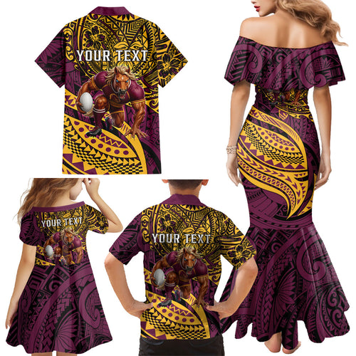 Personalised Brisbane Broncos Family Matching Mermaid Dress and Hawaiian Shirt Polynesian Tribal Art Style With Hammerhead Mascot