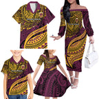 Personalised Brisbane Broncos Family Matching Off The Shoulder Long Sleeve Dress and Hawaiian Shirt Polynesian Tribal Art Style With Hammerhead Mascot
