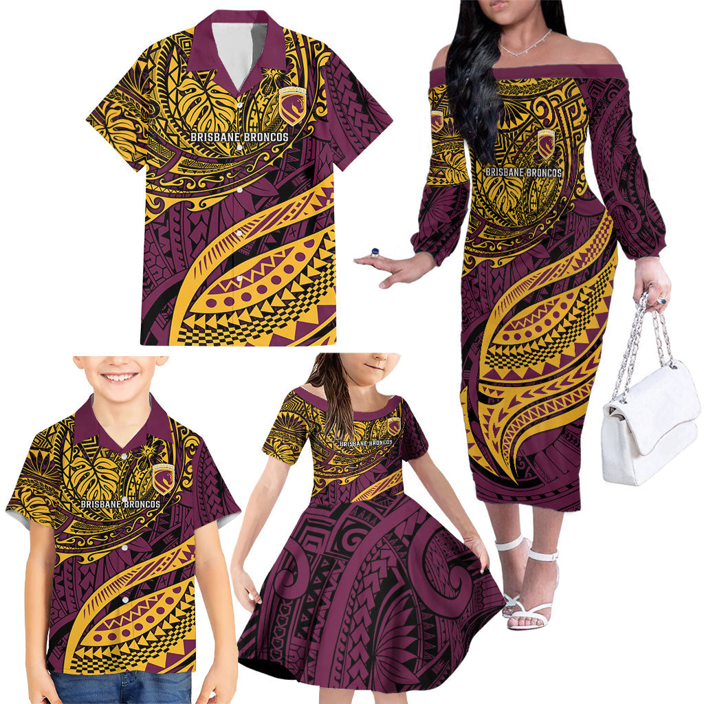 Personalised Brisbane Broncos Family Matching Off The Shoulder Long Sleeve Dress and Hawaiian Shirt Polynesian Tribal Art Style With Hammerhead Mascot