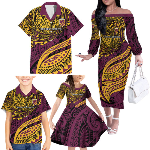 Personalised Brisbane Broncos Family Matching Off The Shoulder Long Sleeve Dress and Hawaiian Shirt Polynesian Tribal Art Style With Hammerhead Mascot