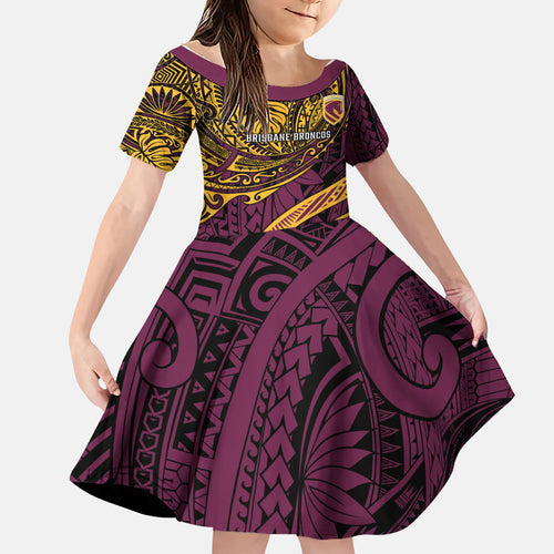Personalised Brisbane Broncos Family Matching Off The Shoulder Long Sleeve Dress and Hawaiian Shirt Polynesian Tribal Art Style With Hammerhead Mascot