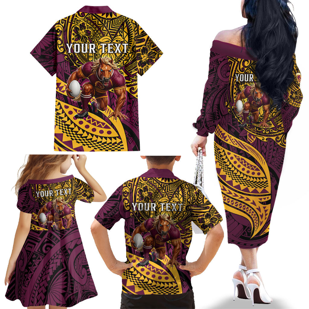 Personalised Brisbane Broncos Family Matching Off The Shoulder Long Sleeve Dress and Hawaiian Shirt Polynesian Tribal Art Style With Hammerhead Mascot