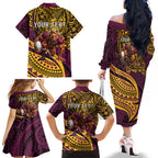 Personalised Brisbane Broncos Family Matching Off The Shoulder Long Sleeve Dress and Hawaiian Shirt Polynesian Tribal Art Style With Hammerhead Mascot