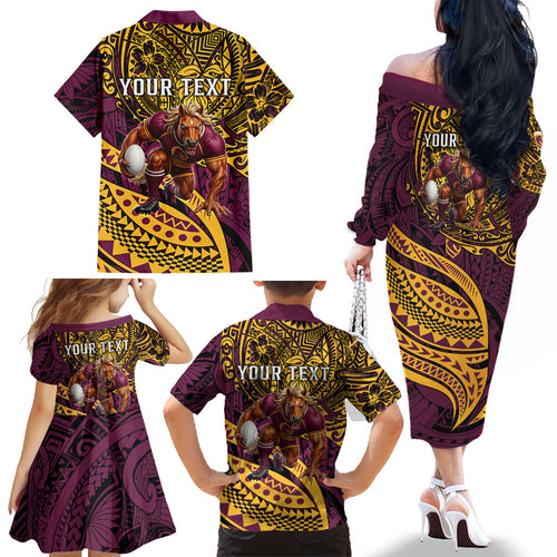 Personalised Brisbane Broncos Family Matching Off The Shoulder Long Sleeve Dress and Hawaiian Shirt Polynesian Tribal Art Style With Hammerhead Mascot