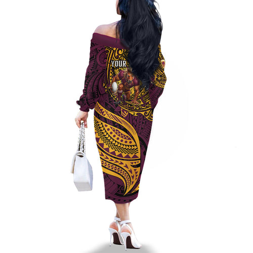 Personalised Brisbane Broncos Family Matching Off The Shoulder Long Sleeve Dress and Hawaiian Shirt Polynesian Tribal Art Style With Hammerhead Mascot