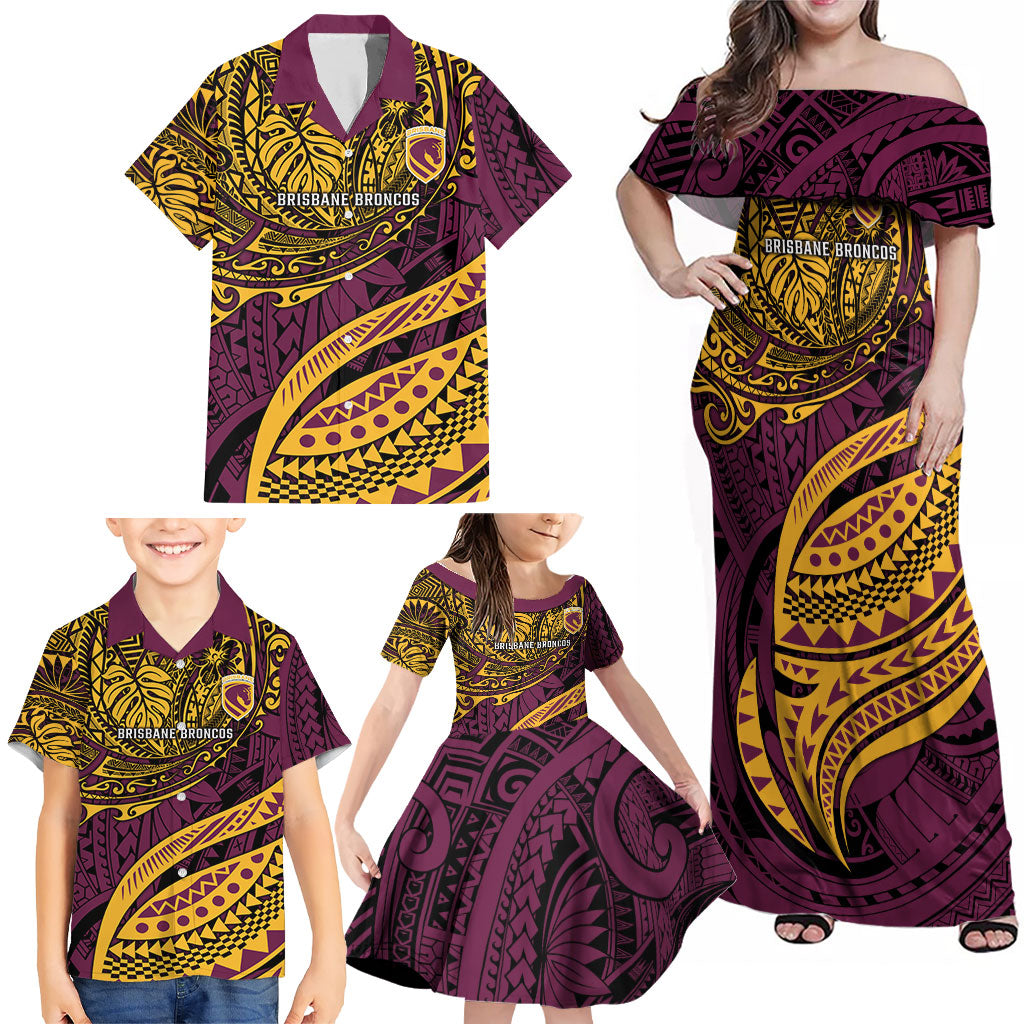 Personalised Brisbane Broncos Family Matching Off Shoulder Maxi Dress and Hawaiian Shirt Polynesian Tribal Art Style With Hammerhead Mascot