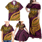 Personalised Brisbane Broncos Family Matching Off Shoulder Maxi Dress and Hawaiian Shirt Polynesian Tribal Art Style With Hammerhead Mascot