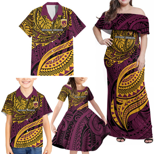 Personalised Brisbane Broncos Family Matching Off Shoulder Maxi Dress and Hawaiian Shirt Polynesian Tribal Art Style With Hammerhead Mascot
