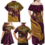 Personalised Brisbane Broncos Family Matching Off Shoulder Maxi Dress and Hawaiian Shirt Polynesian Tribal Art Style With Hammerhead Mascot