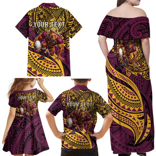 Personalised Brisbane Broncos Family Matching Off Shoulder Maxi Dress and Hawaiian Shirt Polynesian Tribal Art Style With Hammerhead Mascot
