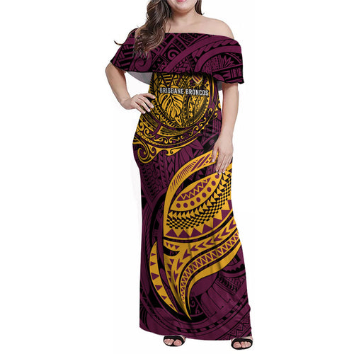 Personalised Brisbane Broncos Family Matching Off Shoulder Maxi Dress and Hawaiian Shirt Polynesian Tribal Art Style With Hammerhead Mascot