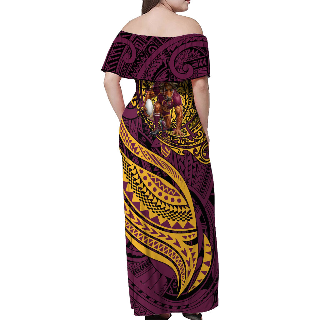 Personalised Brisbane Broncos Family Matching Off Shoulder Maxi Dress and Hawaiian Shirt Polynesian Tribal Art Style With Hammerhead Mascot